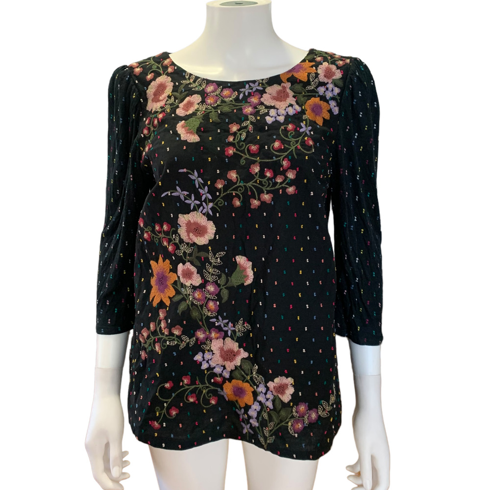 OS By Anthropologie Black Polka Dot Embroidered Floral Printed Blouse S